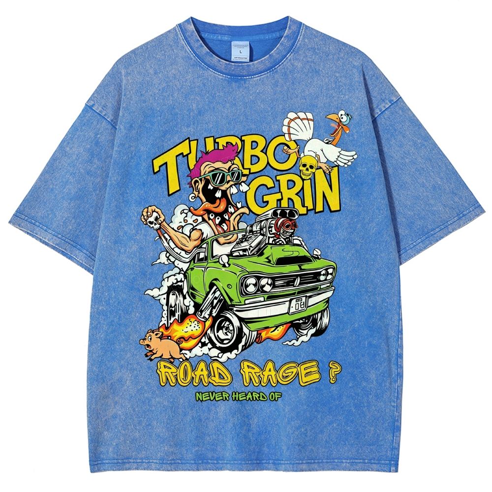Wild Cartoon Driver Turbo Charged Muscle Car Funny Farm Unisex Fit Washed T-Shirt