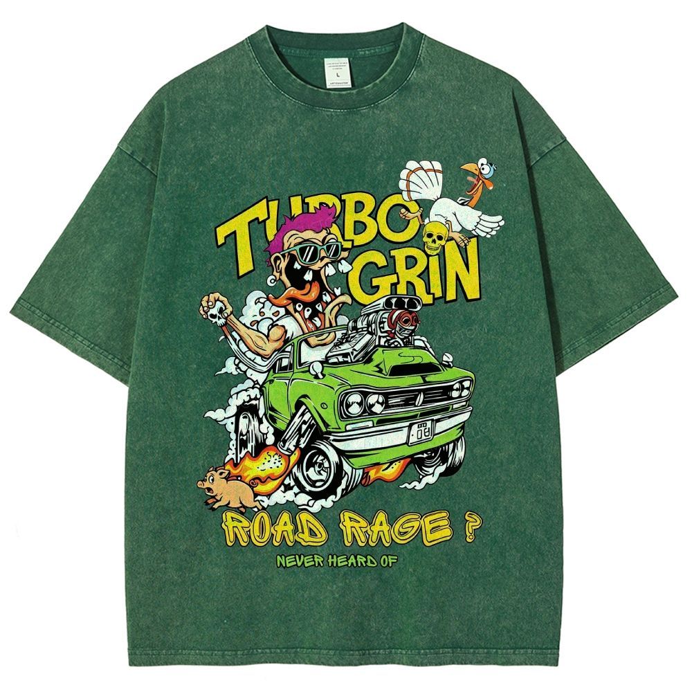 Wild Cartoon Driver Turbo Charged Muscle Car Funny Farm Unisex Fit Washed T-Shirt