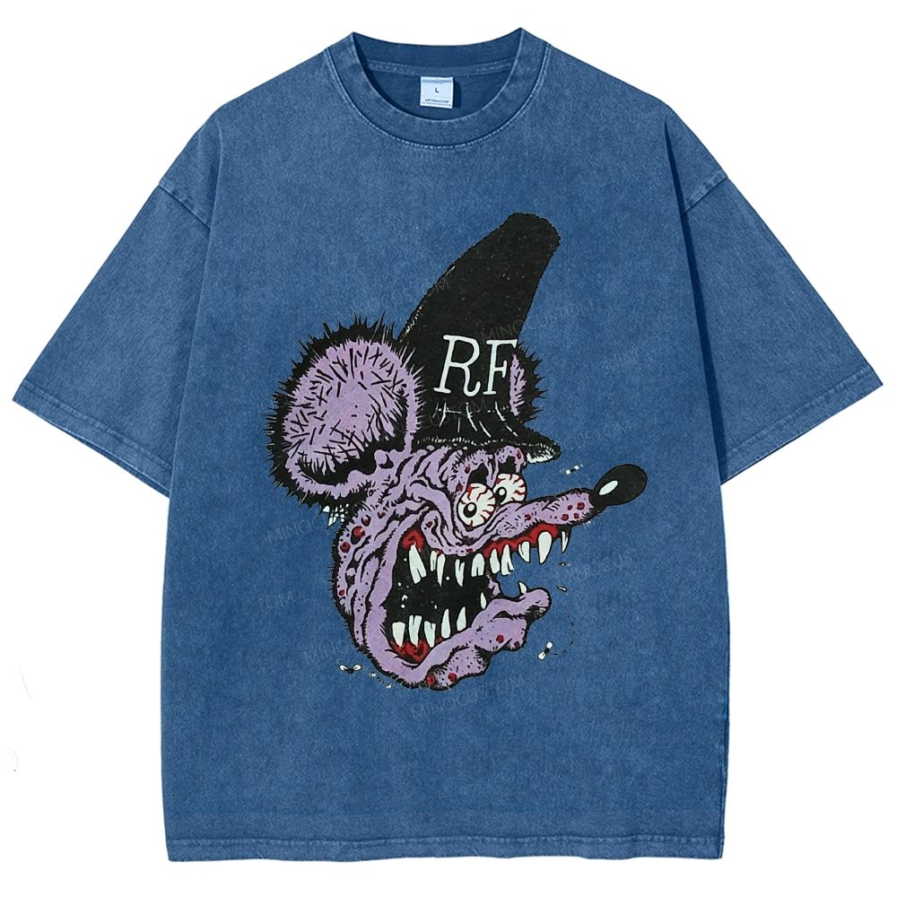 Distressed Purple Furry Monster Head Tall Top Unisex Fit Washed T-Shirt