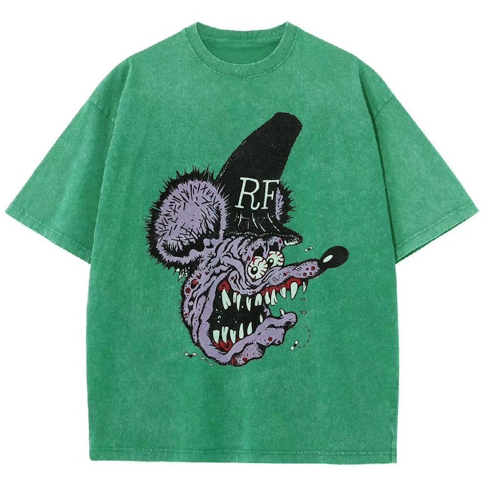 Distressed Purple Furry Monster Head Tall Top Unisex Fit Washed T-Shirt