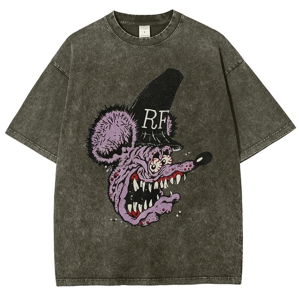 Distressed Purple Furry Monster Head Tall Top Unisex Fit Washed T-Shirt