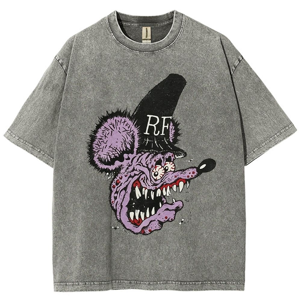 Distressed Purple Furry Monster Head Tall Top Unisex Fit Washed T-Shirt