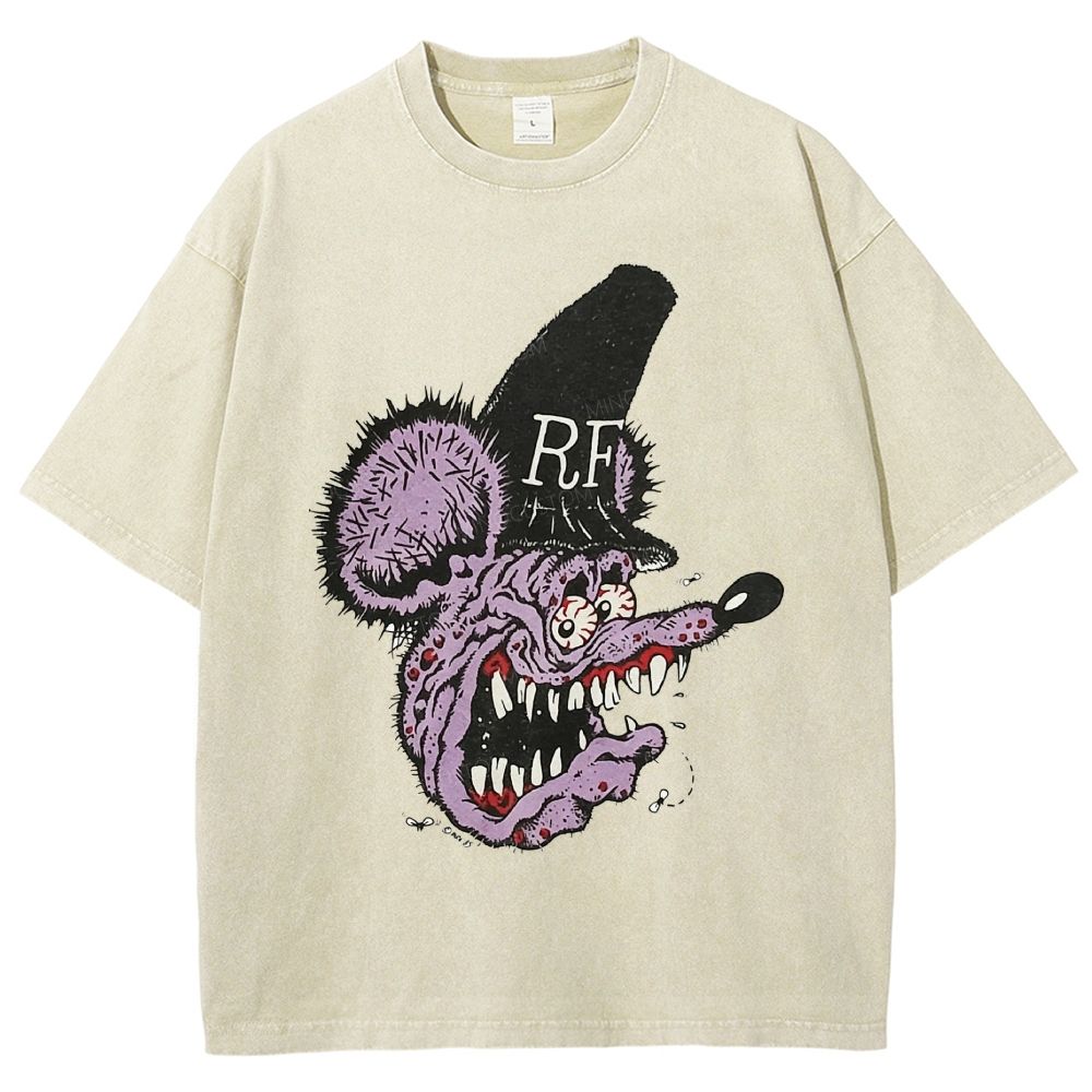 Distressed Purple Furry Monster Head Tall Top Unisex Fit Washed T-Shirt