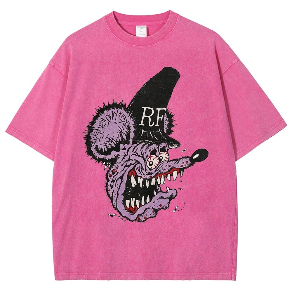 Distressed Purple Furry Monster Head Tall Top Unisex Fit Washed T-Shirt