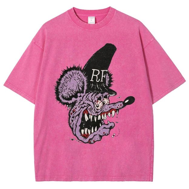 Distressed Purple Furry Monster Head Tall Top Unisex Fit Washed T-Shirt