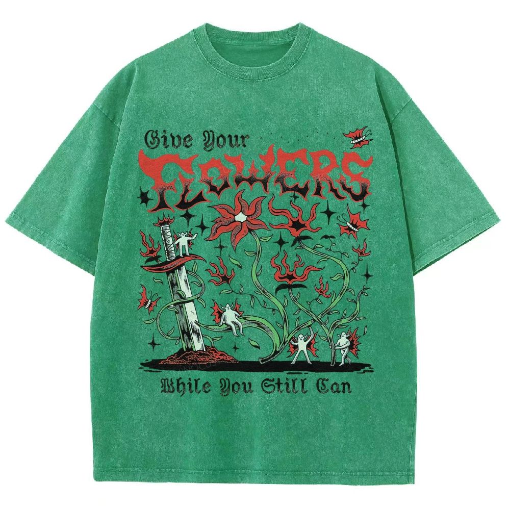 Gothic Dark Blooms Twisted Vines Dagger Tiny Ghost Unisex Fit Washed T-Shirt