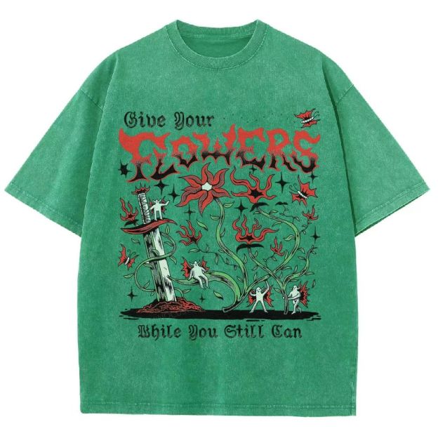 Gothic Dark Blooms Twisted Vines Dagger Tiny Ghost Unisex Fit Washed T-Shirt