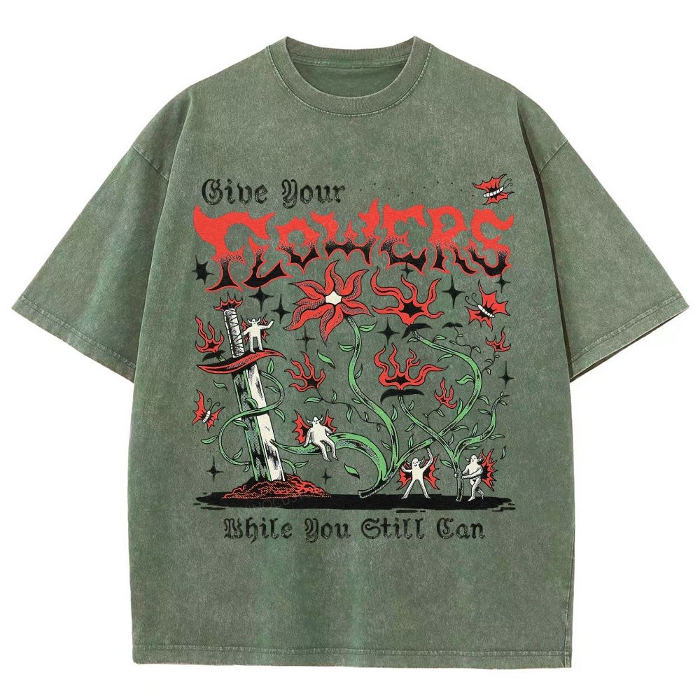 Gothic Dark Blooms Twisted Vines Dagger Tiny Ghost Unisex Fit Washed T-Shirt