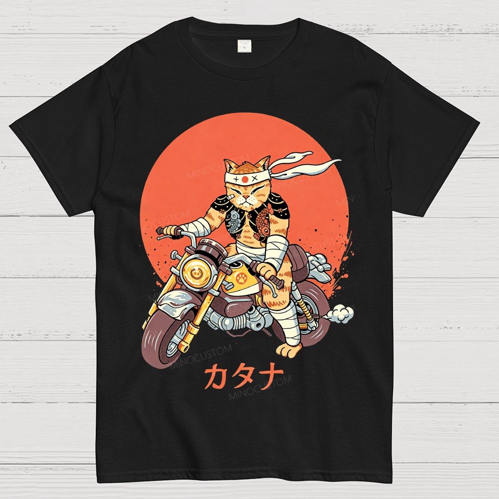 Japanese Style Armored Warrior Cat Riding Motorcycle Cotton T-Shirt