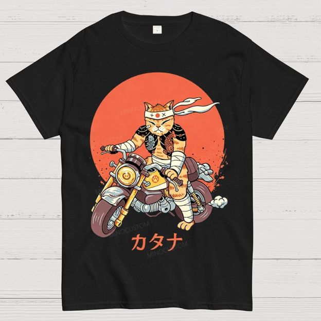 Japanese Style Armored Warrior Cat Riding Motorcycle Cotton T-Shirt