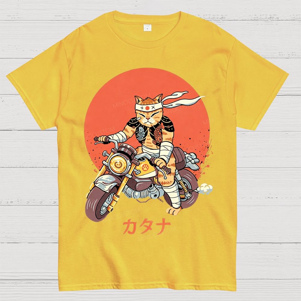 Japanese Style Armored Warrior Cat Riding Motorcycle Cotton T-Shirt