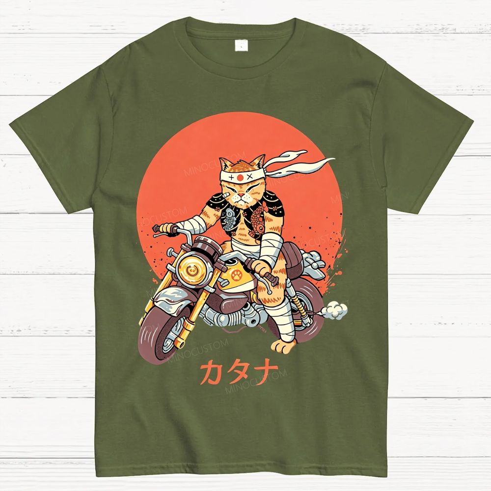 Japanese Style Armored Warrior Cat Riding Motorcycle Cotton T-Shirt