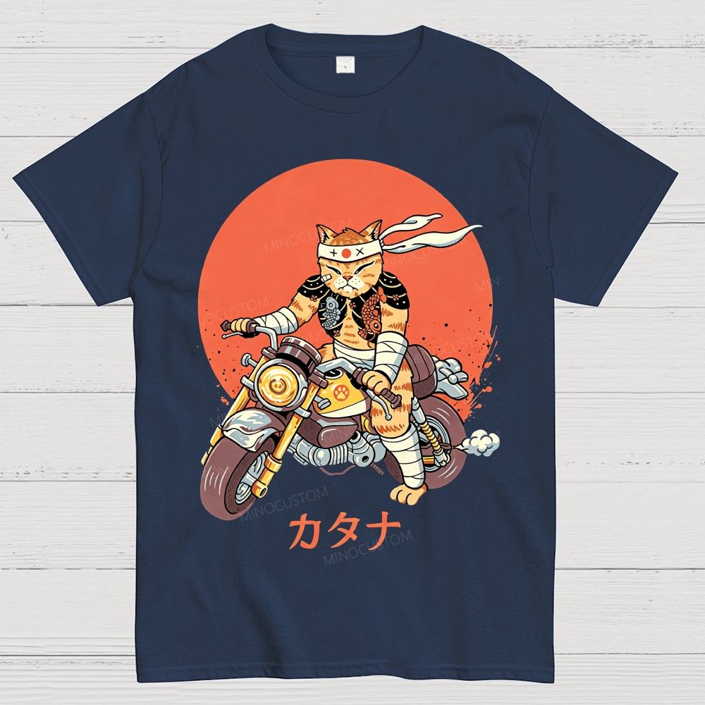 Japanese Style Armored Warrior Cat Riding Motorcycle Cotton T-Shirt