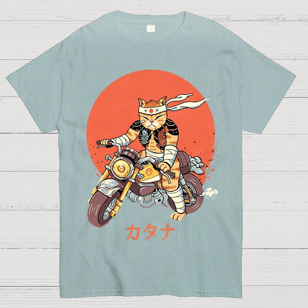 Japanese Style Armored Warrior Cat Riding Motorcycle Cotton T-Shirt