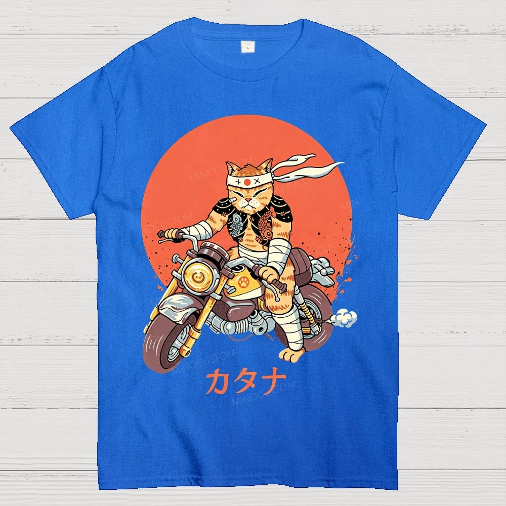 Japanese Style Armored Warrior Cat Riding Motorcycle Cotton T-Shirt