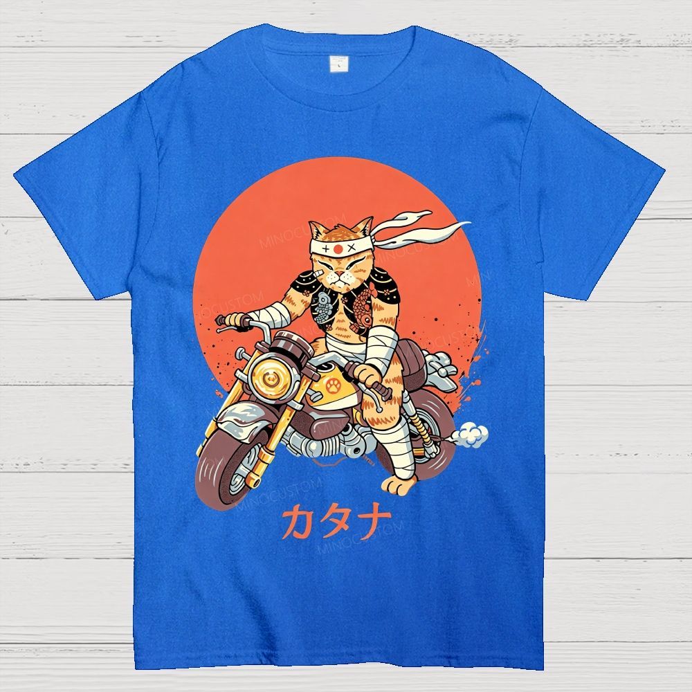 Japanese Style Armored Warrior Cat Riding Motorcycle Cotton T-Shirt