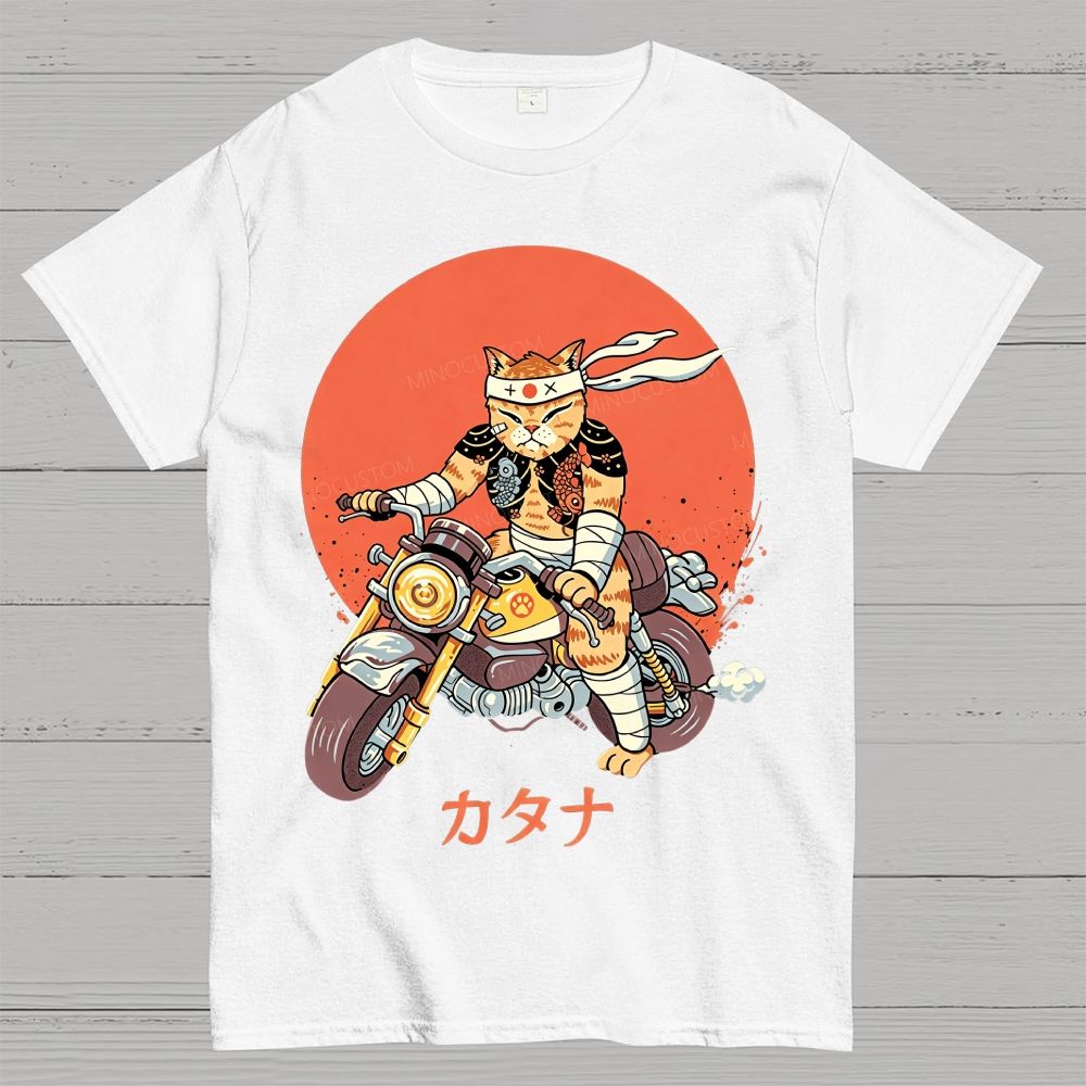 Japanese Style Armored Warrior Cat Riding Motorcycle Cotton T-Shirt