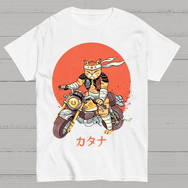 Japanese Style Armored Warrior Cat Riding Motorcycle Cotton T-Shirt