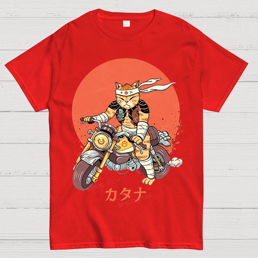 Japanese Style Armored Warrior Cat Riding Motorcycle Cotton T-Shirt