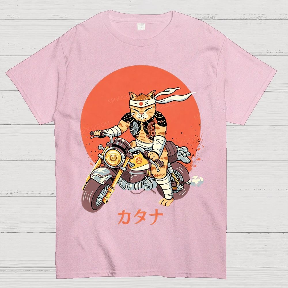 Japanese Style Armored Warrior Cat Riding Motorcycle Cotton T-Shirt