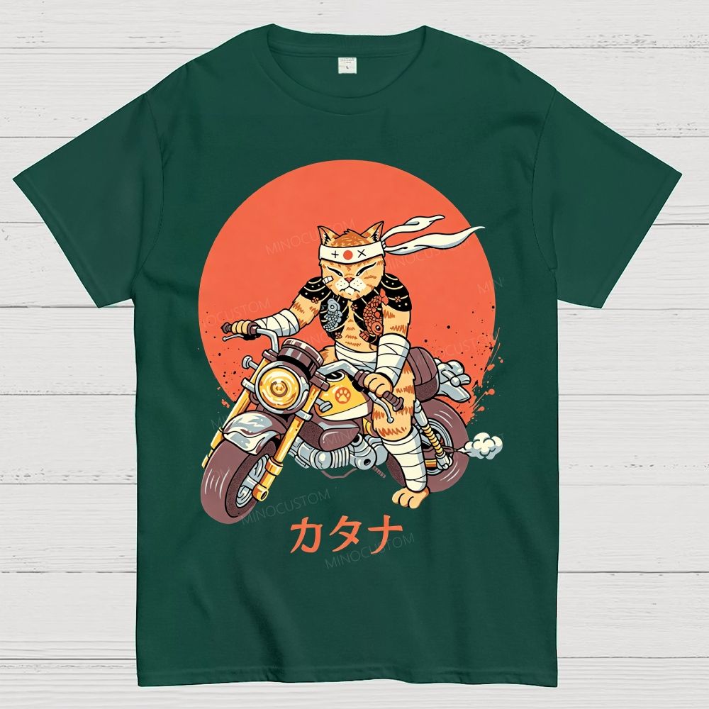 Japanese Style Armored Warrior Cat Riding Motorcycle Cotton T-Shirt