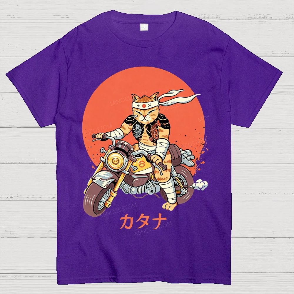 Japanese Style Armored Warrior Cat Riding Motorcycle Cotton T-Shirt