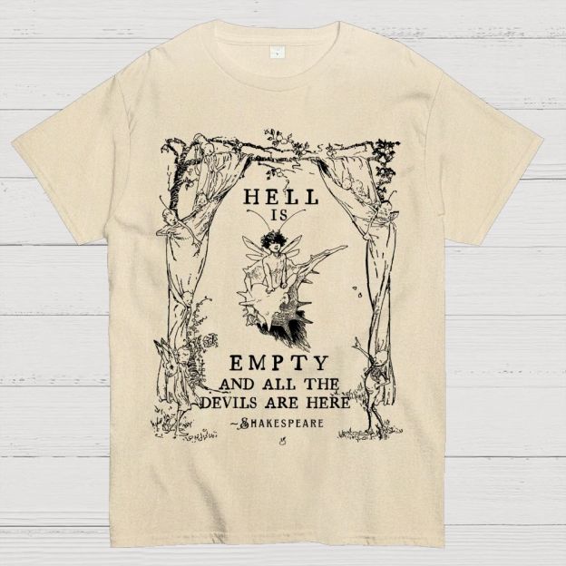 Vintage Fairy Elf Border Antique Poetic Quote Dark Literary Cotton T-Shirt