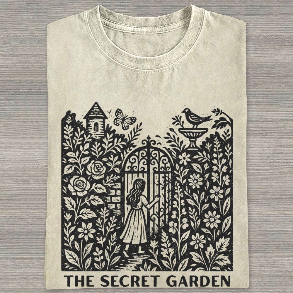 Woodcut Garden Gate Girl Flowers Bird Butterfly Washed T-shirt