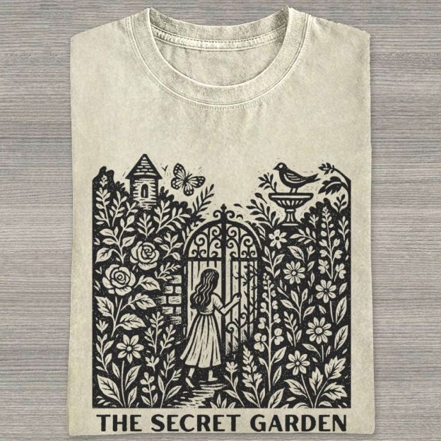 Woodcut Garden Gate Girl Flowers Bird Butterfly Washed T-shirt