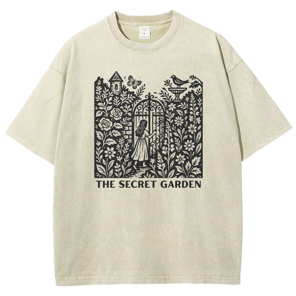 Woodcut Garden Gate Girl Flowers Bird Butterfly Washed T-shirt