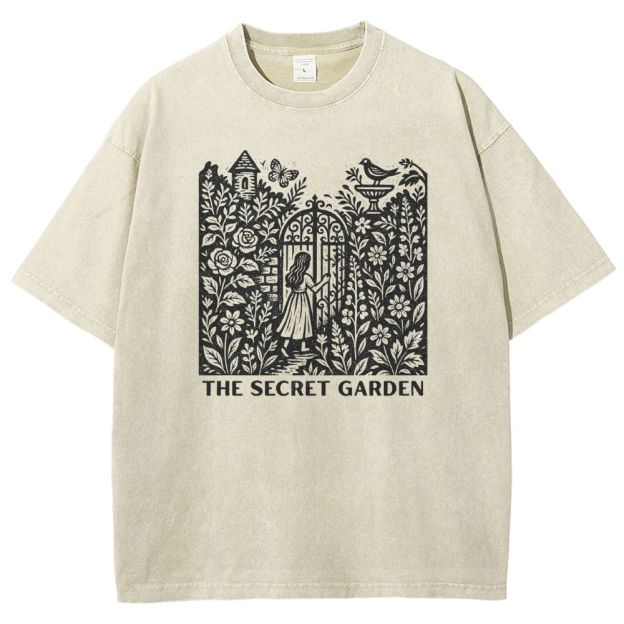 Woodcut Garden Gate Girl Flowers Bird Butterfly Washed T-shirt