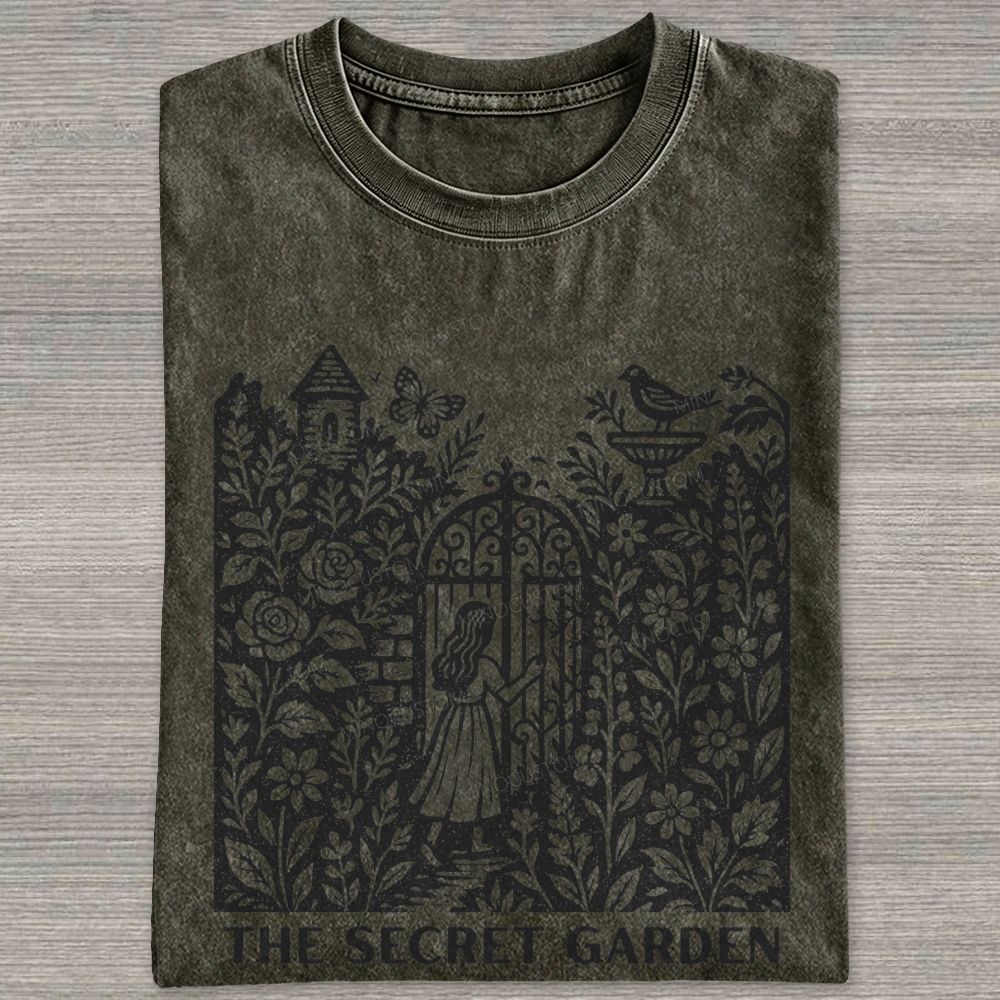 Woodcut Garden Gate Girl Flowers Bird Butterfly Washed T-shirt