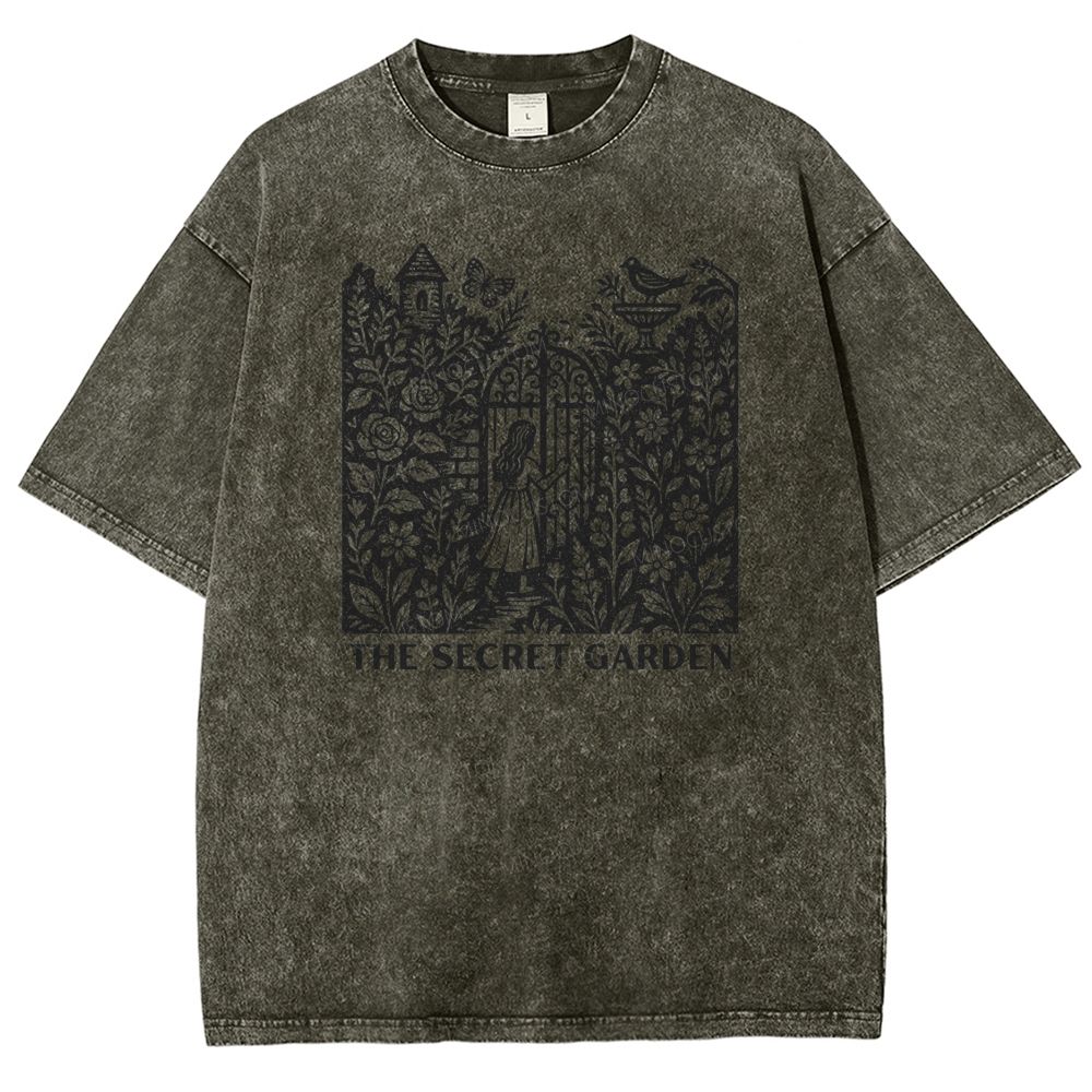 Woodcut Garden Gate Girl Flowers Bird Butterfly Washed T-shirt