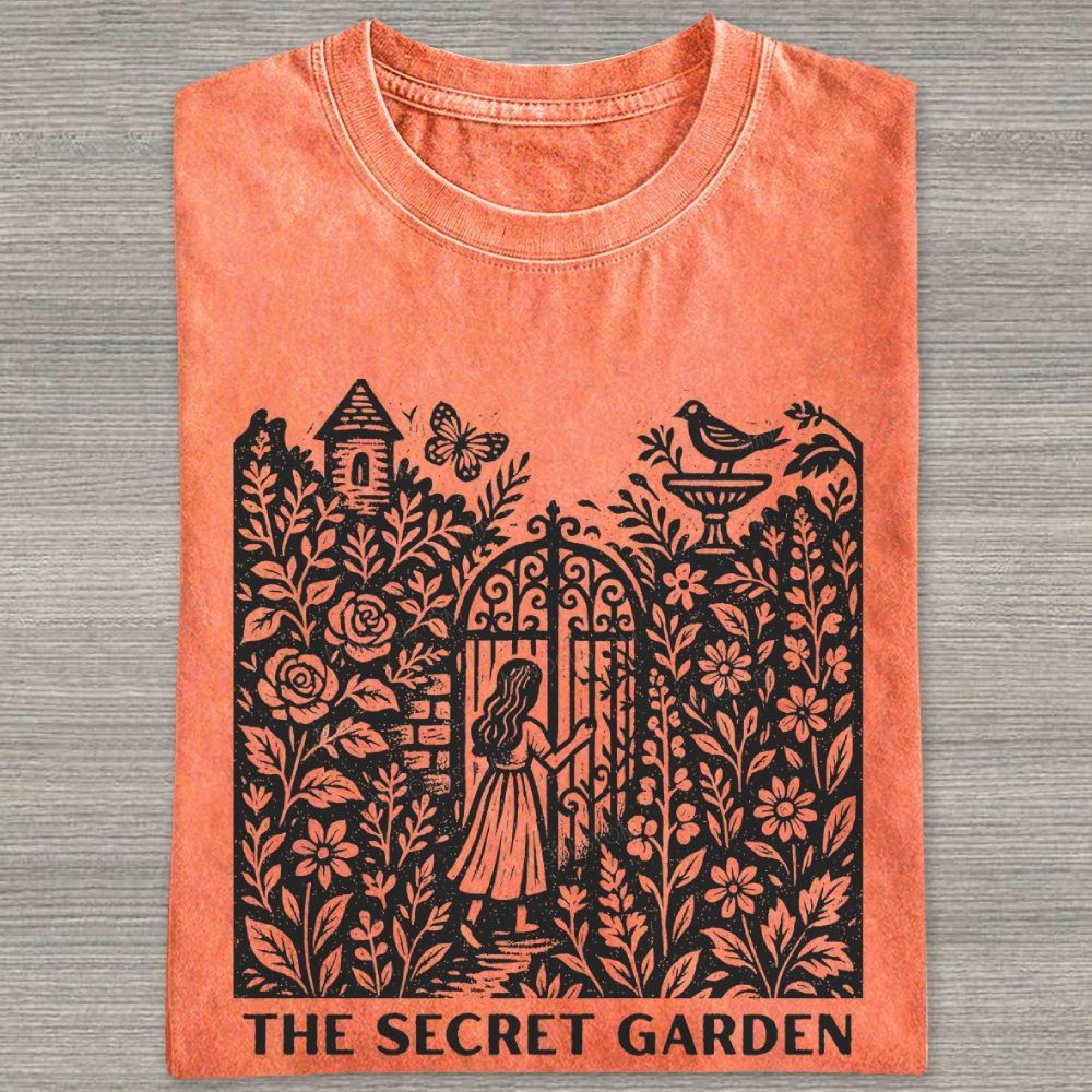Woodcut Garden Gate Girl Flowers Bird Butterfly Washed T-shirt