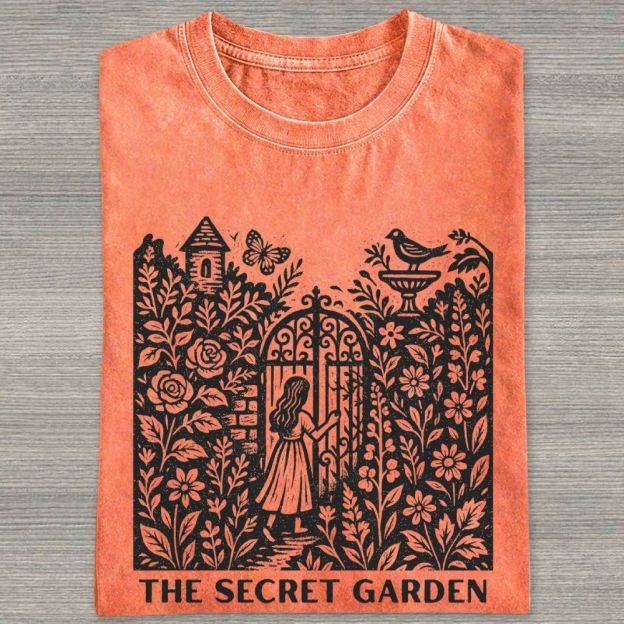 Woodcut Garden Gate Girl Flowers Bird Butterfly Washed T-shirt