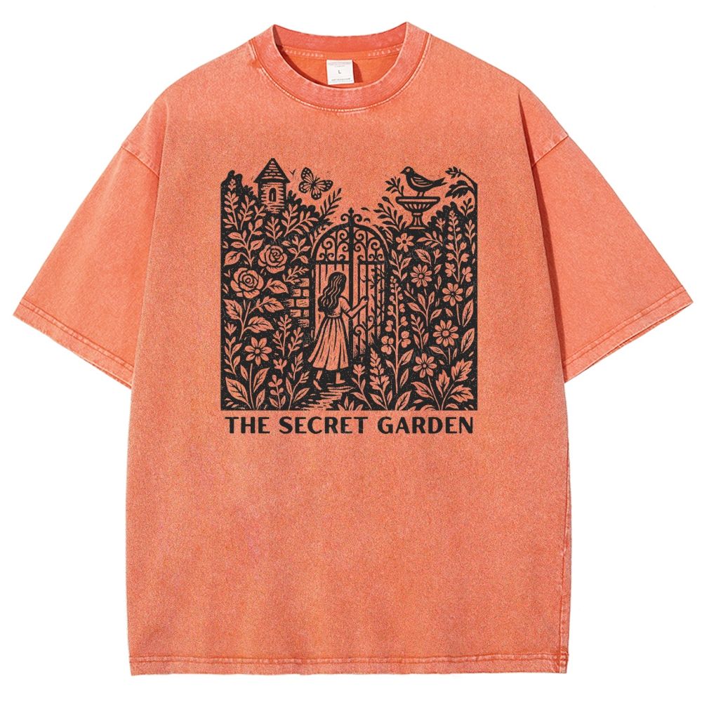 Woodcut Garden Gate Girl Flowers Bird Butterfly Washed T-shirt