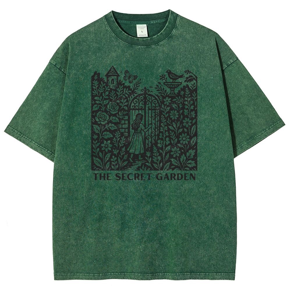 Woodcut Garden Gate Girl Flowers Bird Butterfly Washed T-shirt