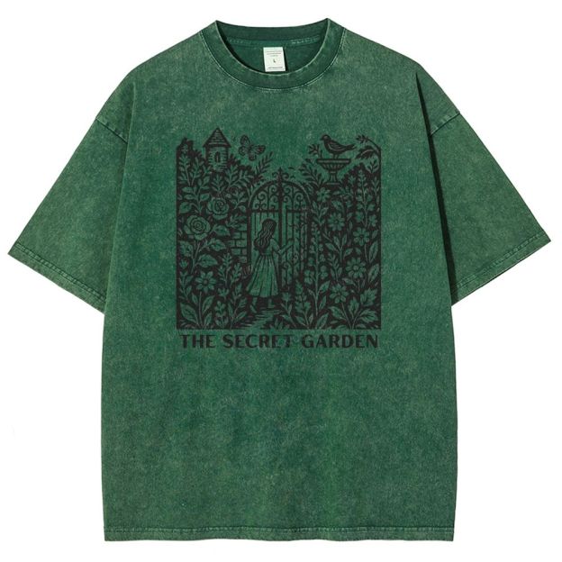 Woodcut Garden Gate Girl Flowers Bird Butterfly Washed T-shirt