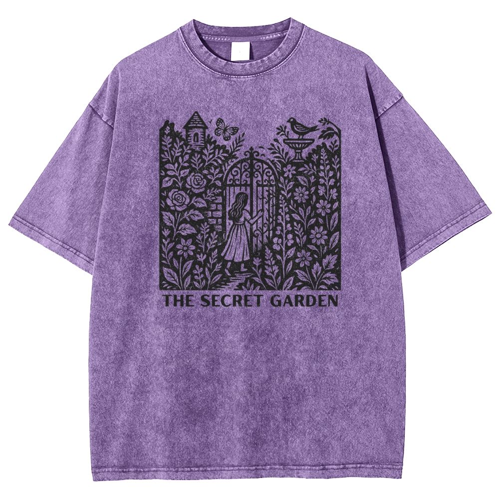 Woodcut Garden Gate Girl Flowers Bird Butterfly Washed T-shirt