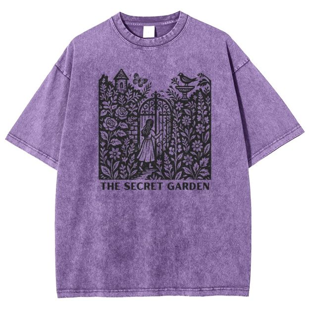 Woodcut Garden Gate Girl Flowers Bird Butterfly Washed T-shirt
