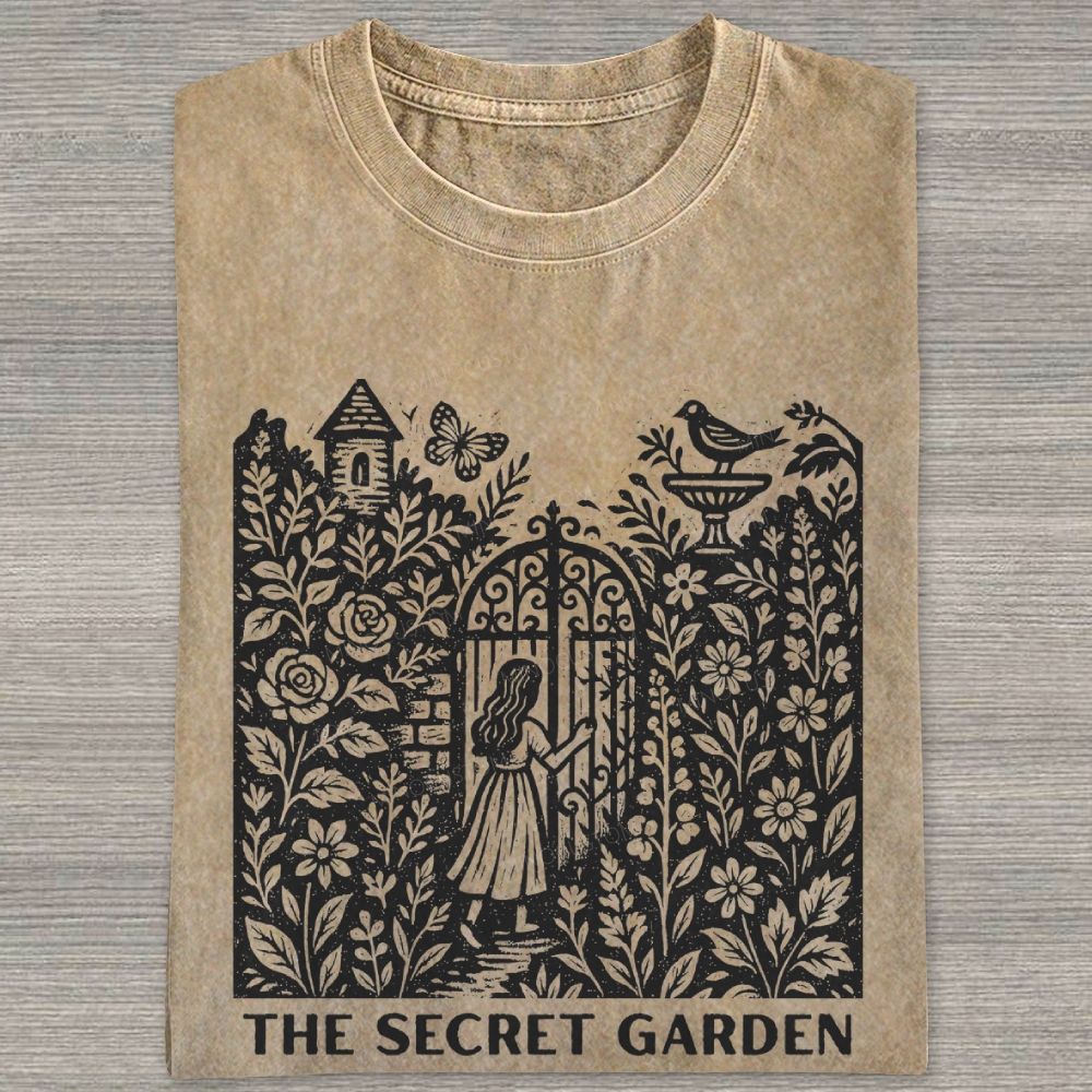 Woodcut Garden Gate Girl Flowers Bird Butterfly Washed T-shirt