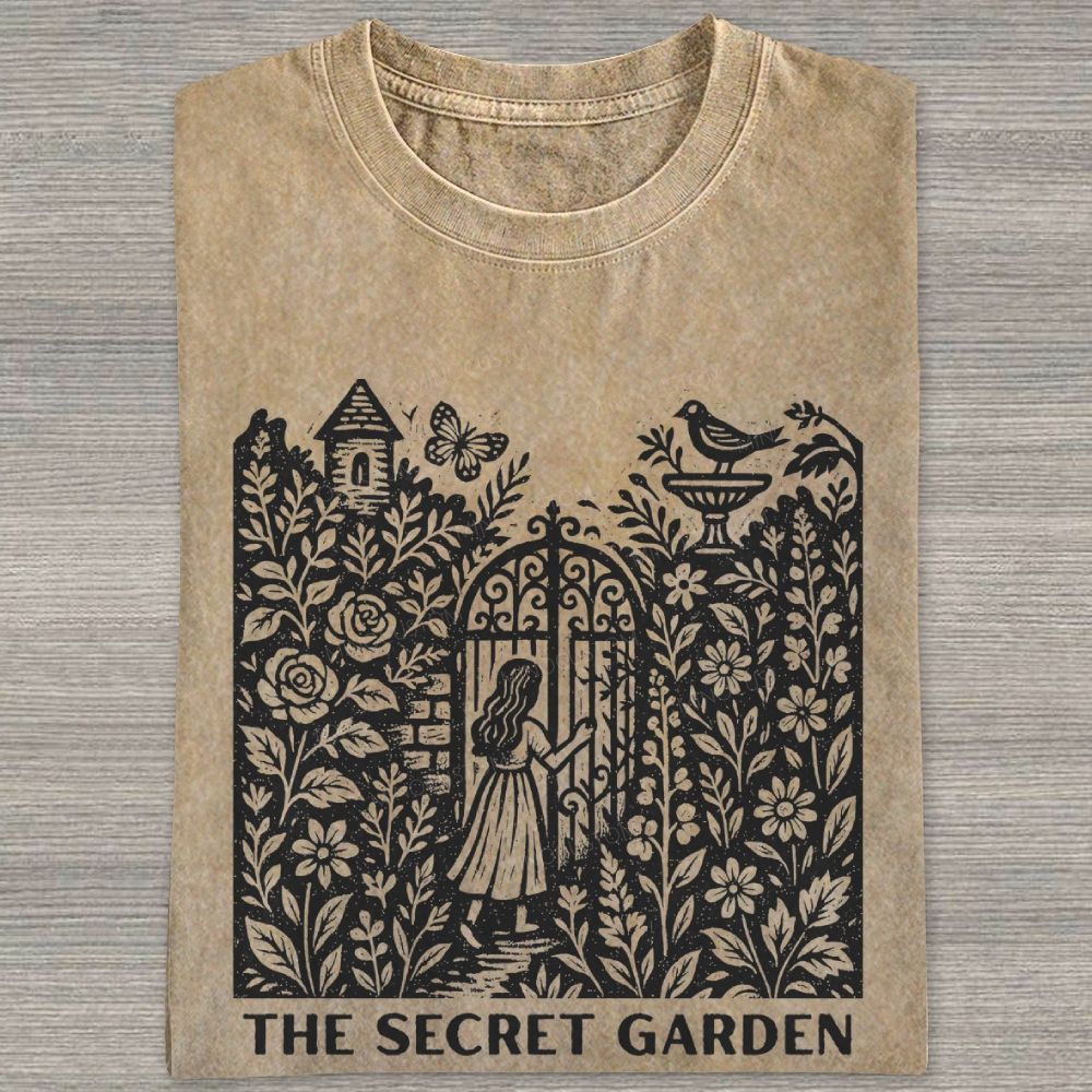 Woodcut Garden Gate Girl Flowers Bird Butterfly Washed T-shirt