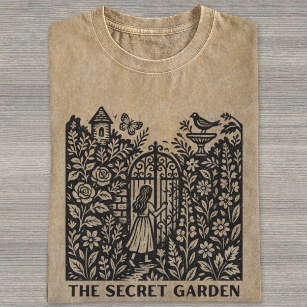 Woodcut Garden Gate Girl Flowers Bird Butterfly Washed T-shirt