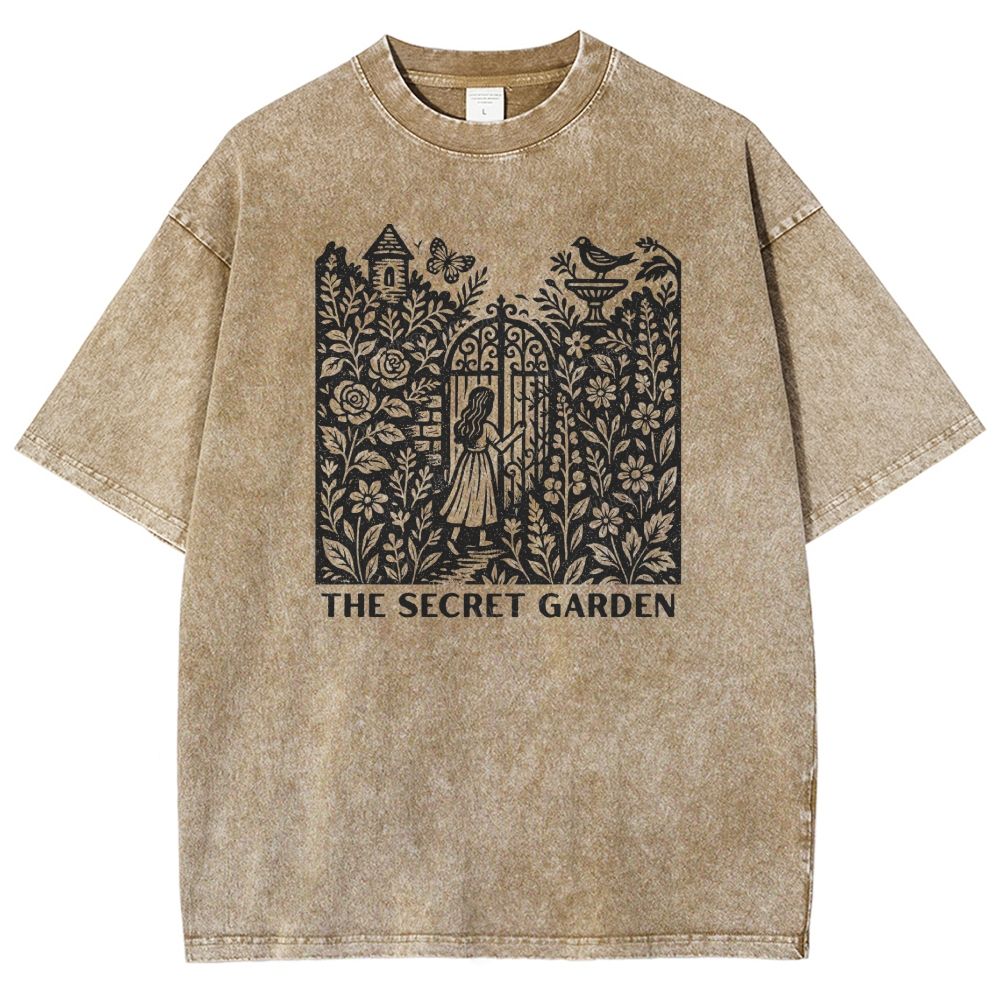 Woodcut Garden Gate Girl Flowers Bird Butterfly Washed T-shirt