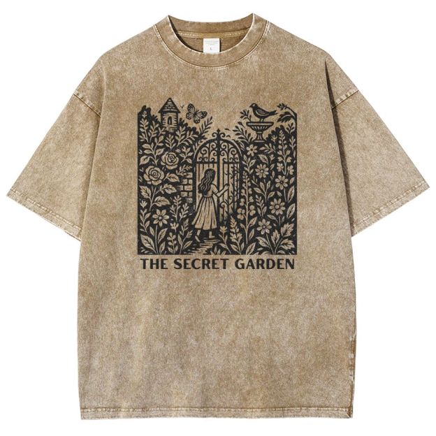 Woodcut Garden Gate Girl Flowers Bird Butterfly Washed T-shirt