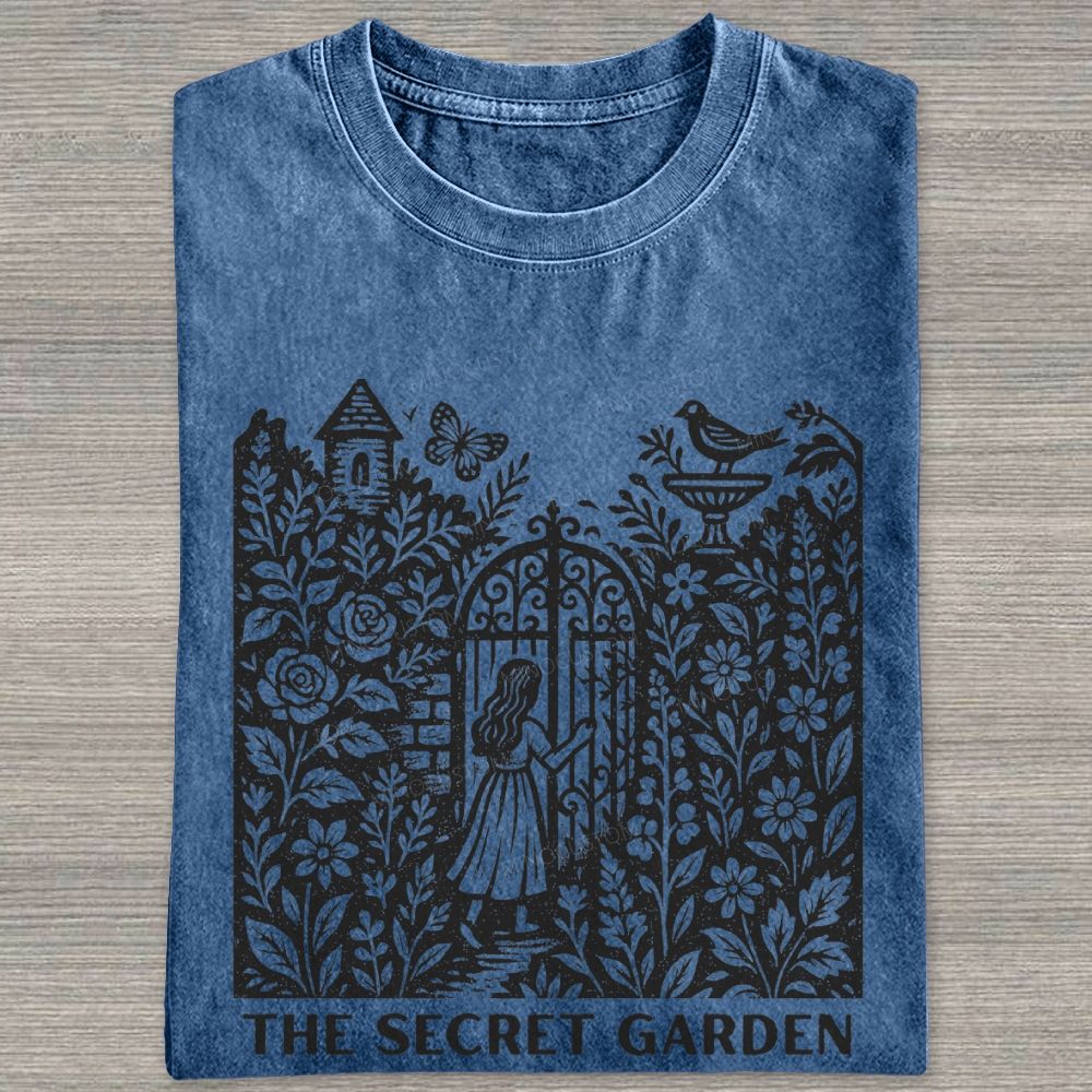 Woodcut Garden Gate Girl Flowers Bird Butterfly Washed T-shirt