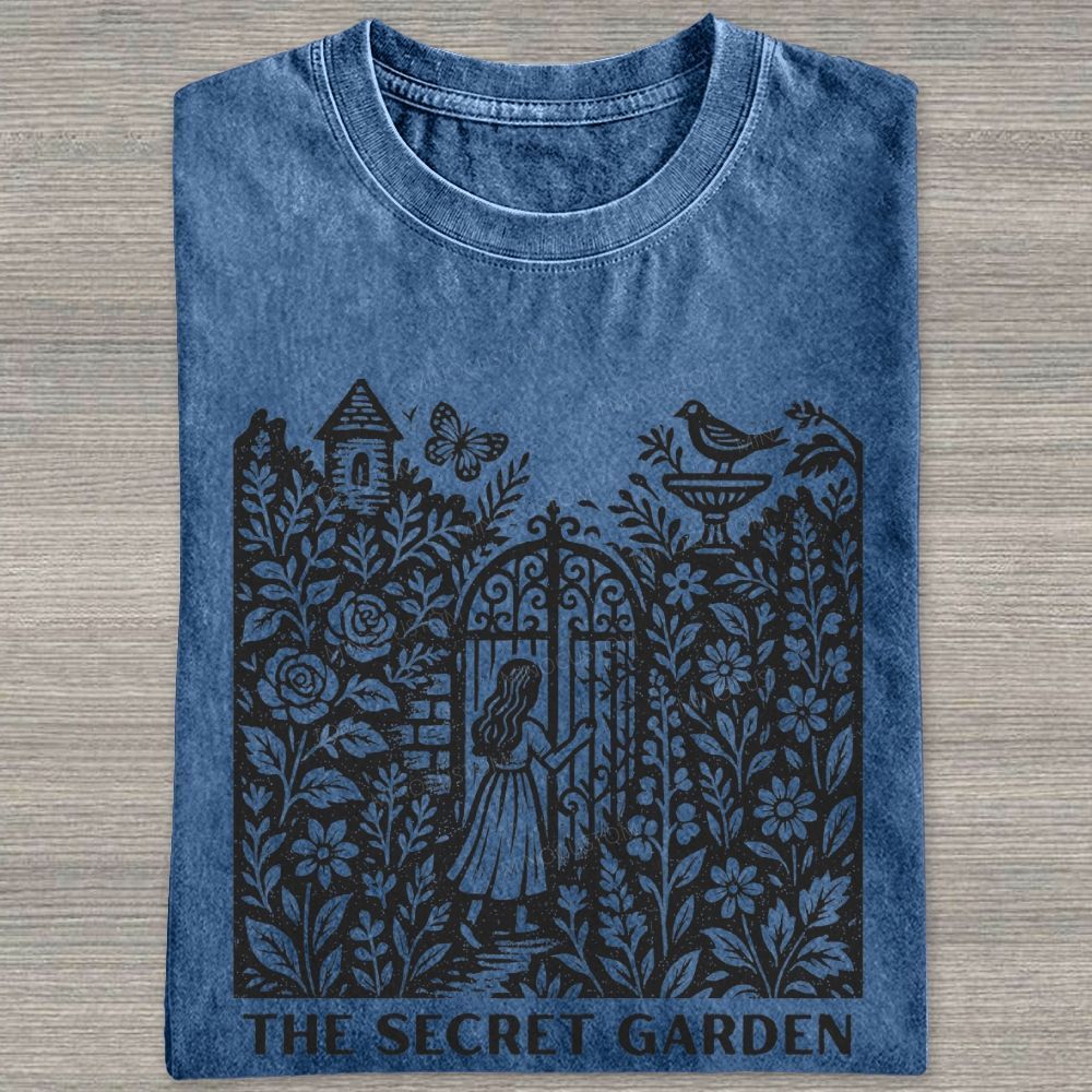 Woodcut Garden Gate Girl Flowers Bird Butterfly Washed T-shirt