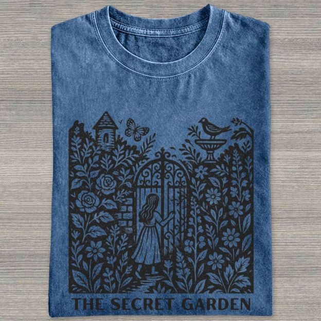 Woodcut Garden Gate Girl Flowers Bird Butterfly Washed T-shirt