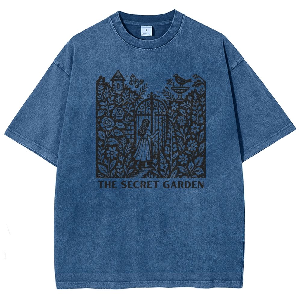 Woodcut Garden Gate Girl Flowers Bird Butterfly Washed T-shirt