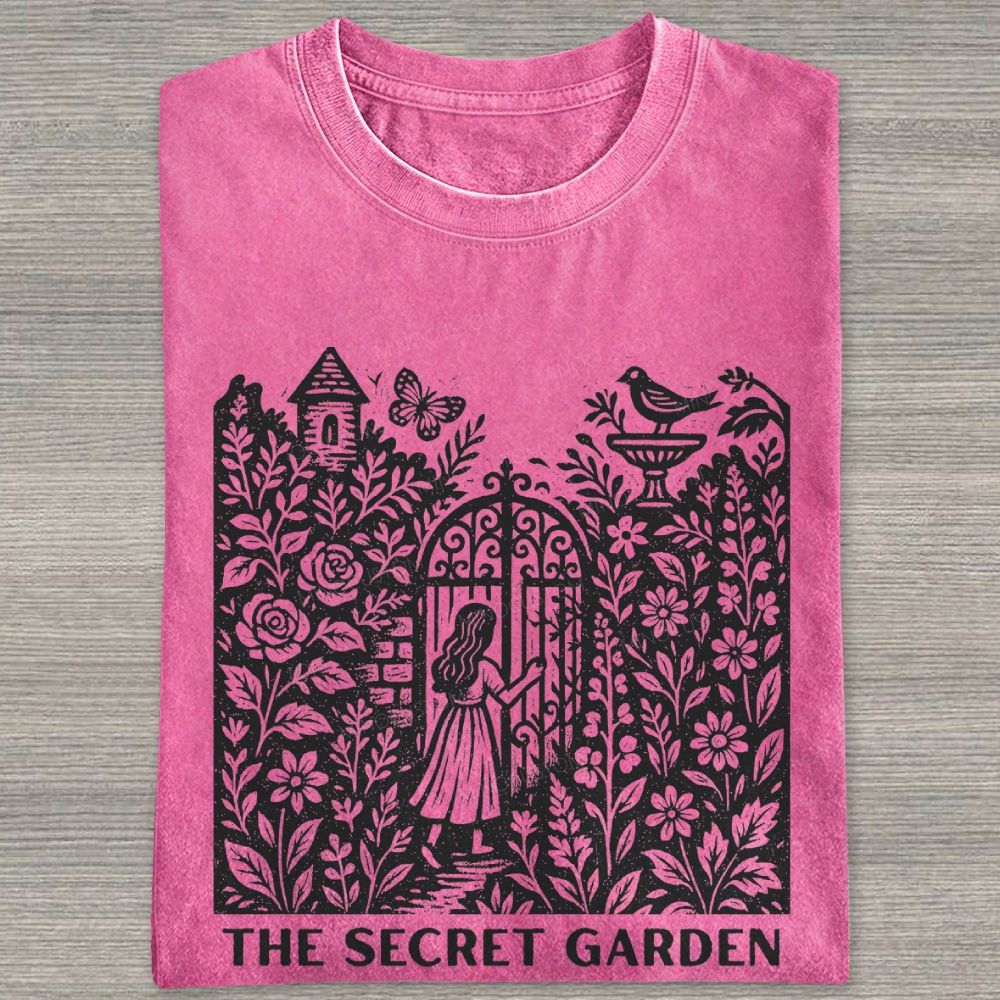 Woodcut Garden Gate Girl Flowers Bird Butterfly Washed T-shirt